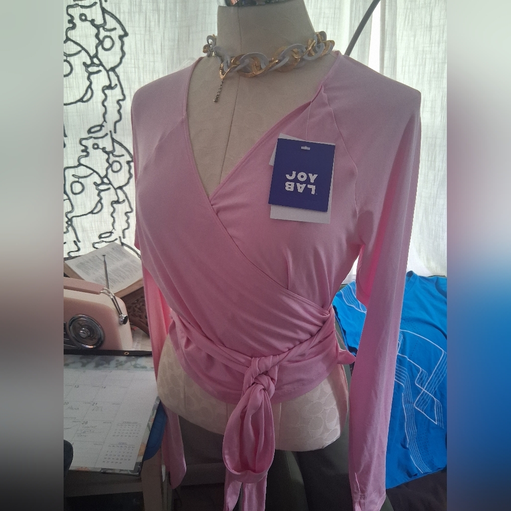 JoyLab Pink Long-Sleeve Wrap Top with Self-Tie Waist M/L